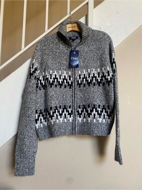 Chaps womens Gray and Black Patterned Zip-Up Sweater